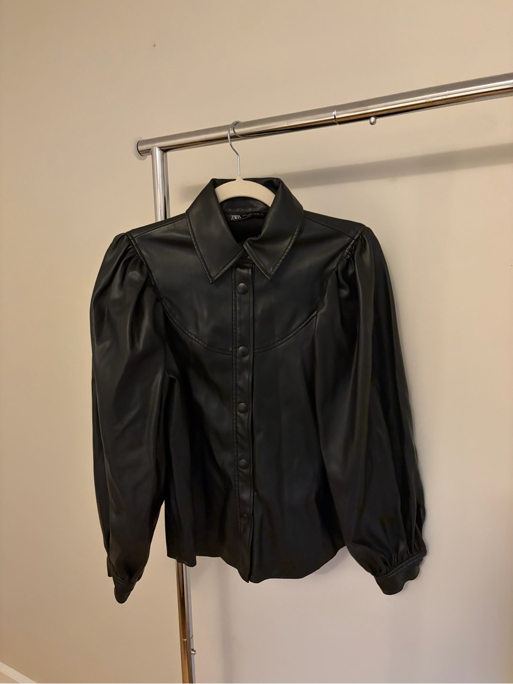Zara Black Faux Leather Puff-Sleeve Button-Front Shirt